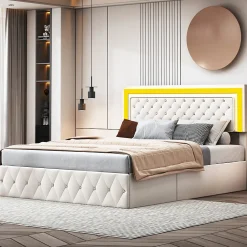 Lit coffre 140x200 cm, LED, sommier à lattes, tête de lit réglable, rangement, beige.>Simple Life Discount