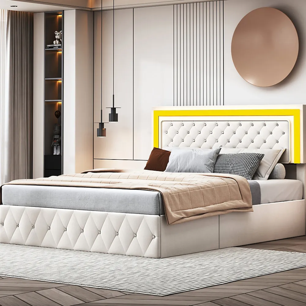 Lit coffre 140x200 cm, LED, sommier à lattes, tête de lit réglable, rangement, beige.>Simple Life Discount
