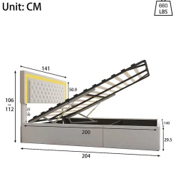 Lit coffre 140x200 cm, LED, sommier à lattes, tête de lit réglable, rangement, beige.><noscript><img width=