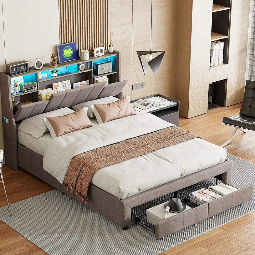 Lit Coffre 160x200 cm Lin Gris, LED, Charge USB, Rembourré, Rangement, Tête de lit, Sommier à Lattes, 2 Personnes>Simple Life Best