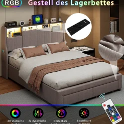 Lit Coffre 160x200 cm Lin Gris, LED, Charge USB, Rembourré, Rangement, Tête de lit, Sommier à Lattes, 2 Personnes>Simple Life Best