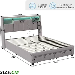 Lit Coffre 160x200 cm Lin Gris, LED, Charge USB, Rembourré, Rangement, Tête de lit, Sommier à Lattes, 2 Personnes><noscript><img width=