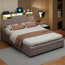 Lit Coffre 160x200 cm Lin Gris, LED, Charge USB, Rembourré, Rangement, Tête de lit, Sommier à Lattes, 2 Personnes><noscript><img width=