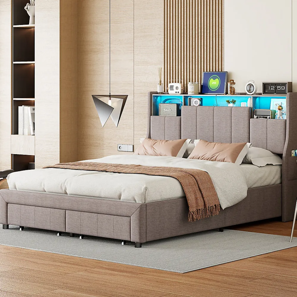 Lit Coffre 160x200 cm Lin Gris, LED, Charge USB, Rembourré, Rangement, Tête de lit, Sommier à Lattes, 2 Personnes>Simple Life Best