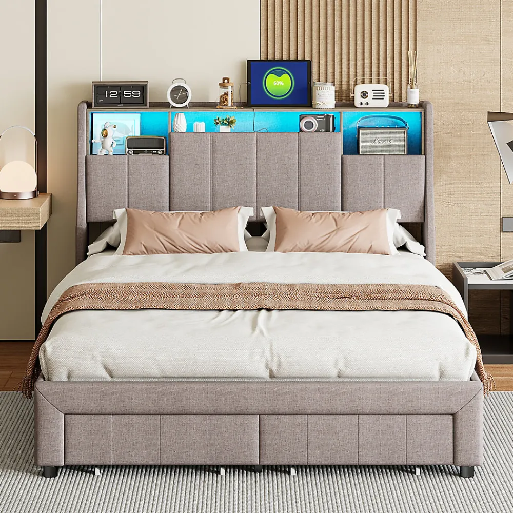 Lit Coffre 160x200 cm Lin Gris, LED, Charge USB, Rembourré, Rangement, Tête de lit, Sommier à Lattes, 2 Personnes>Simple Life Best
