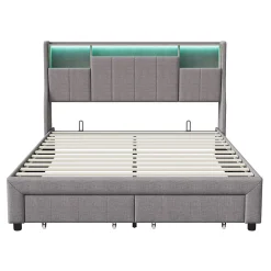 Lit Coffre 160x200 cm Lin Gris, LED, Charge USB, Rembourré, Rangement, Tête de lit, Sommier à Lattes, 2 Personnes><noscript><img width=