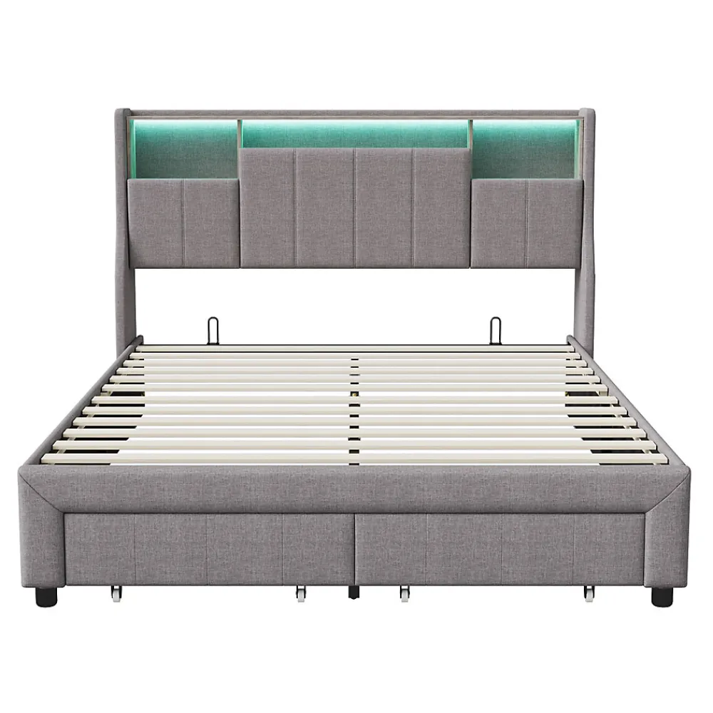 Lit Coffre 160x200 cm Lin Gris, LED, Charge USB, Rembourré, Rangement, Tête de lit, Sommier à Lattes, 2 Personnes>Simple Life Best