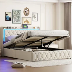 Lit Coffre 140x200 Cm, Lit Capitonné Avec Rangement Et USB De Type C, LED, Velours, Beige>Simple Life Hot