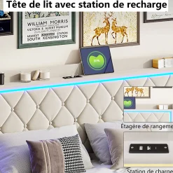 Lit Coffre 140x200 Cm, Lit Capitonné Avec Rangement Et USB De Type C, LED, Velours, Beige><noscript><img width=
