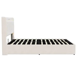 Lit Coffre 140x200 Cm, Lit Capitonné Avec Rangement Et USB De Type C, LED, Velours, Beige><noscript><img width=