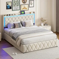 Lit Coffre 160x200 Cm, Lit Capitonné Avec Rangement Et USB De Type C, LED, Velours, Beige>Simple Life