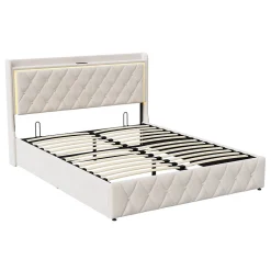 Lit Coffre 160x200 Cm, Lit Capitonné Avec Rangement Et USB De Type C, LED, Velours, Beige>Simple Life