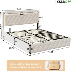 Lit Coffre 160x200 Cm, Lit Capitonné Avec Rangement Et USB De Type C, LED, Velours, Beige><noscript><img width=