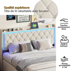 Lit Coffre 160x200 Cm, Lit Capitonné Avec Rangement Et USB De Type C, LED, Velours, Beige><noscript><img width=
