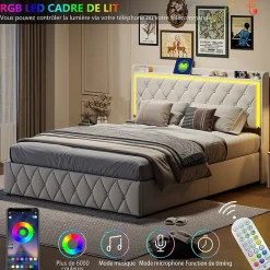 Lit Coffre 160x200 Cm, Lit Capitonné Avec Rangement Et USB De Type C, LED, Velours, Beige><noscript><img width=