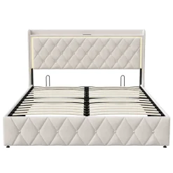 Lit Coffre 160x200 Cm, Lit Capitonné Avec Rangement Et USB De Type C, LED, Velours, Beige><noscript><img width=
