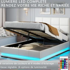Lit coffre 140x190 cm, Lit doub LED capitonné relevable hydraulique avec sommier à lattes, Blanc>Simple Life Outlet