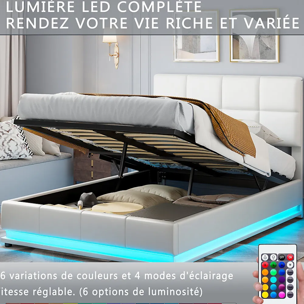 Lit coffre 140x190 cm, Lit doub LED capitonné relevable hydraulique avec sommier à lattes, Blanc>Simple Life Outlet