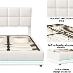 Lit coffre 140x190 cm, Lit doub LED capitonné relevable hydraulique avec sommier à lattes, Blanc><noscript><img width=