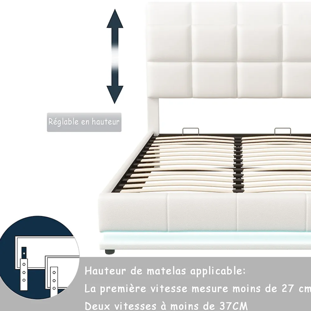 Lit coffre 140x190 cm, Lit doub LED capitonné relevable hydraulique avec sommier à lattes, Blanc>Simple Life Outlet