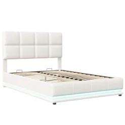 Lit coffre 140x190 cm, Lit doub LED capitonné relevable hydraulique avec sommier à lattes, Blanc><noscript><img width=