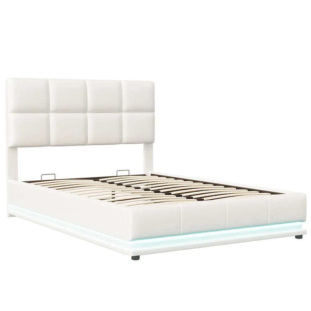 Lit coffre 140x190 cm, Lit doub LED capitonné relevable hydraulique avec sommier à lattes, Blanc>Simple Life Outlet