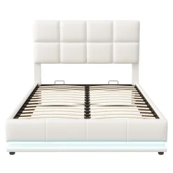 Lit coffre 140x190 cm, Lit doub LED capitonné relevable hydraulique avec sommier à lattes, Blanc><noscript><img width=