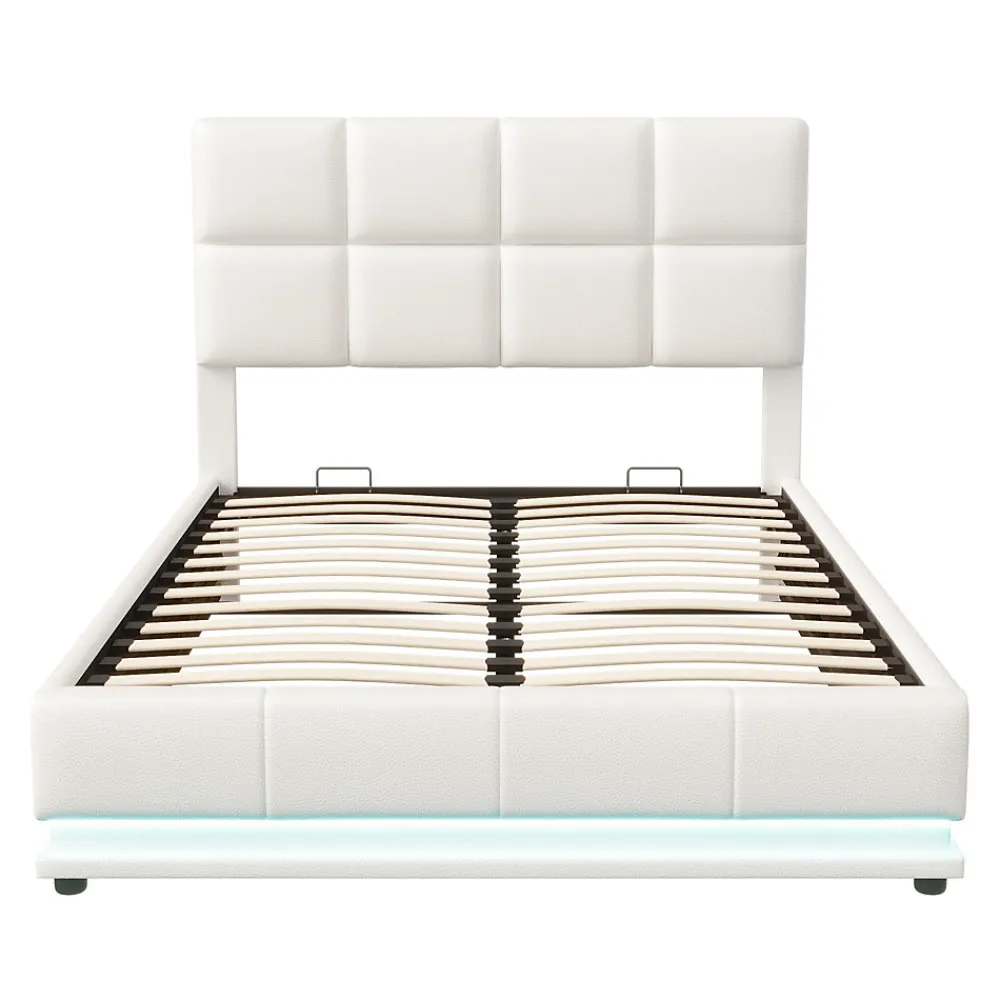 Lit coffre 140x190 cm, Lit doub LED capitonné relevable hydraulique avec sommier à lattes, Blanc>Simple Life Outlet