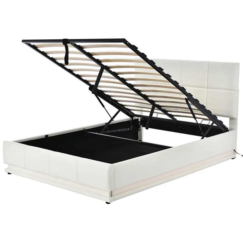 Lit coffre 140x190 cm, Lit doub LED capitonné relevable hydraulique avec sommier à lattes, Blanc>Simple Life Outlet
