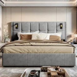 ProximaX Lit coffre 160x200 cm, Lit double avec rangement et sommier à lattes, tissu en velours, lumière de lecture, Gris* Lit Coffre