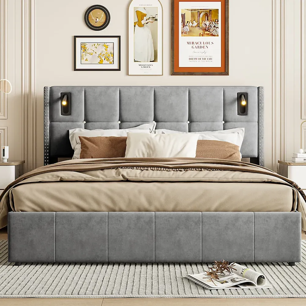 ProximaX Lit coffre 160x200 cm, Lit double avec rangement et sommier à lattes, tissu en velours, lumière de lecture, Gris* Lit Coffre