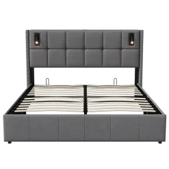 ProximaX Lit coffre 160x200 cm, Lit double avec rangement et sommier à lattes, tissu en velours, lumière de lecture, Gris* Lit Coffre