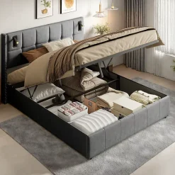 ProximaX Lit coffre 160x200 cm, Lit double avec rangement et sommier à lattes, tissu en velours, lumière de lecture, Gris* Lit Coffre