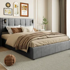 ProximaX Lit coffre 160x200 cm, Lit double avec rangement et sommier à lattes, tissu en velours, lumière de lecture, Gris* Lit Coffre