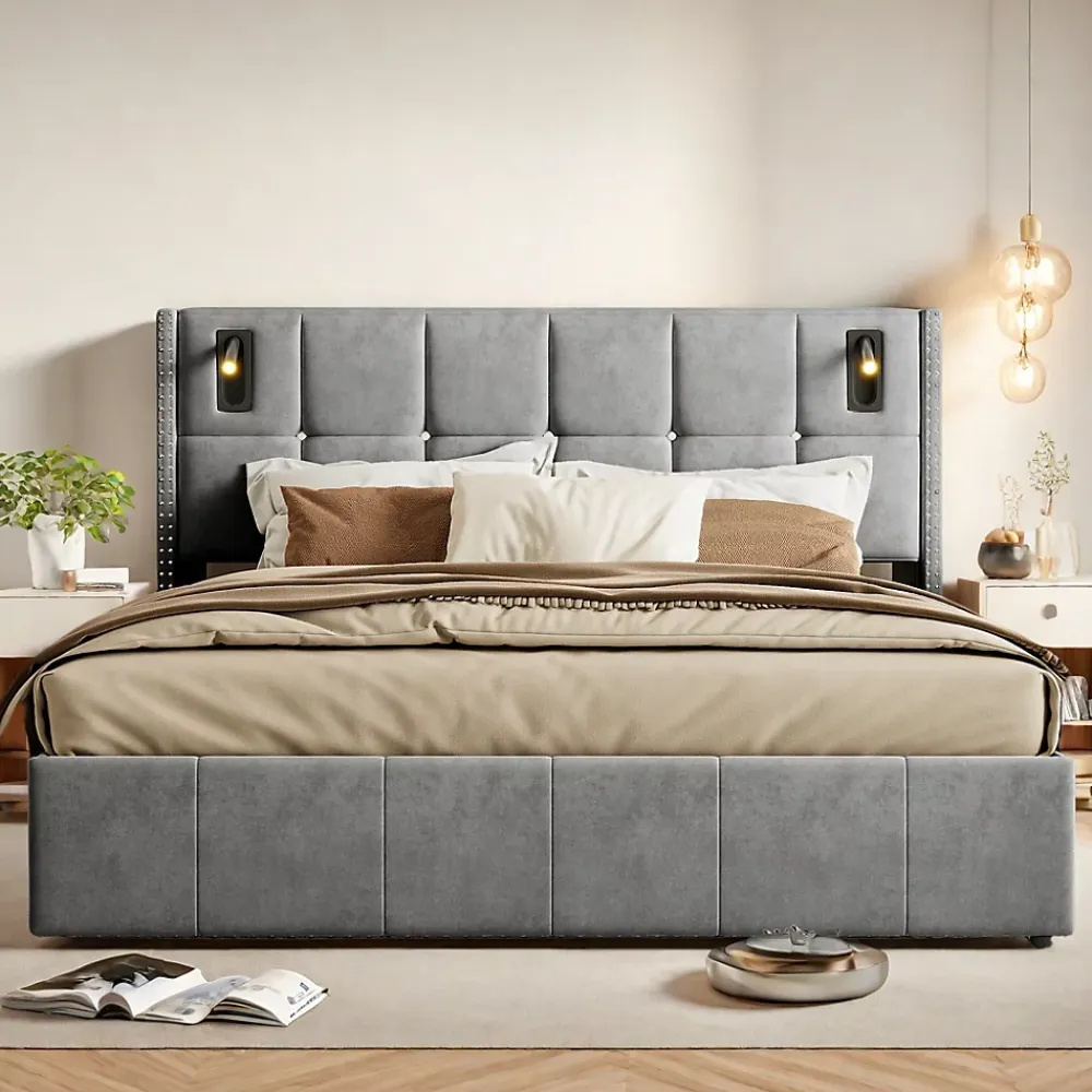 ProximaX Lit coffre 160x200 cm, Lit double avec rangement et sommier à lattes, tissu en velours, lumière de lecture, Gris* Lit Coffre