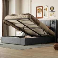 ProximaX Lit coffre 160x200 cm, Lit double avec rangement et sommier à lattes, tissu en velours, lumière de lecture, Gris* Lit Coffre