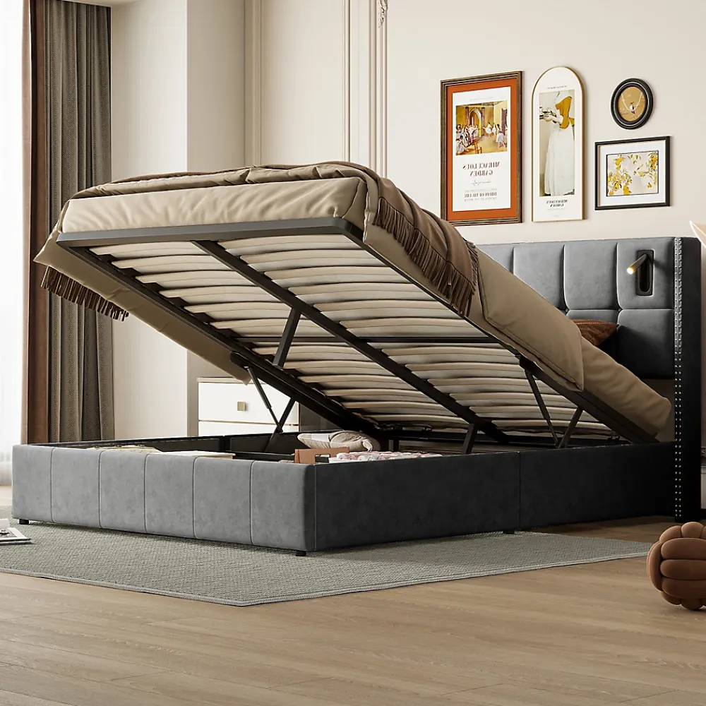 ProximaX Lit coffre 160x200 cm, Lit double avec rangement et sommier à lattes, tissu en velours, lumière de lecture, Gris* Lit Coffre