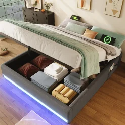 Lit Coffre 140x200 cm, Lit Double Ado avec LED et Ports USB Type-C, Structure MDF et Revêtement Lin, Sans Matelas - Beige>Okwish Outlet