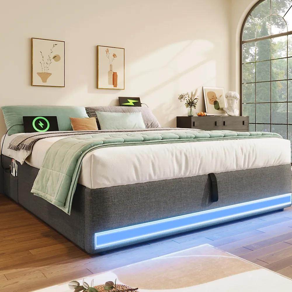 Lit Coffre 140x200 cm, Lit Double Ado avec LED et Ports USB Type-C, Structure MDF et Revêtement Lin, Sans Matelas - Beige>Okwish Outlet
