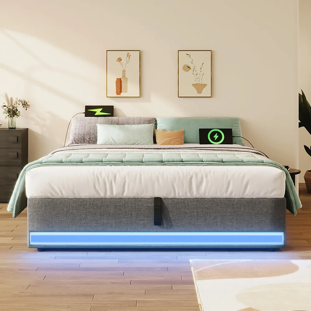 Lit Coffre 140x200 cm, Lit Double Ado avec LED et Ports USB Type-C, Structure MDF et Revêtement Lin, Sans Matelas - Beige>Okwish Outlet