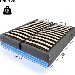 Lit Coffre 140x200 cm, Lit Double Ado avec LED et Ports USB Type-C, Structure MDF et Revêtement Lin, Sans Matelas - Beige><noscript><img width=