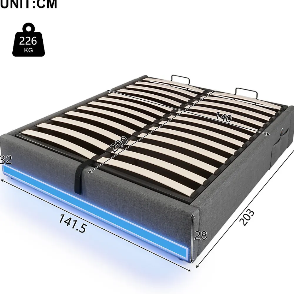 Lit Coffre 140x200 cm, Lit Double Ado avec LED et Ports USB Type-C, Structure MDF et Revêtement Lin, Sans Matelas - Beige>Okwish Outlet