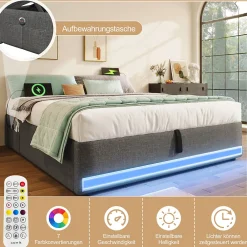 Lit Coffre 140x200 cm, Lit Double Ado avec LED et Ports USB Type-C, Structure MDF et Revêtement Lin, Sans Matelas - Beige><noscript><img width=