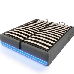 Lit Coffre 140x200 cm, Lit Double Ado avec LED et Ports USB Type-C, Structure MDF et Revêtement Lin, Sans Matelas - Beige><noscript><img width=