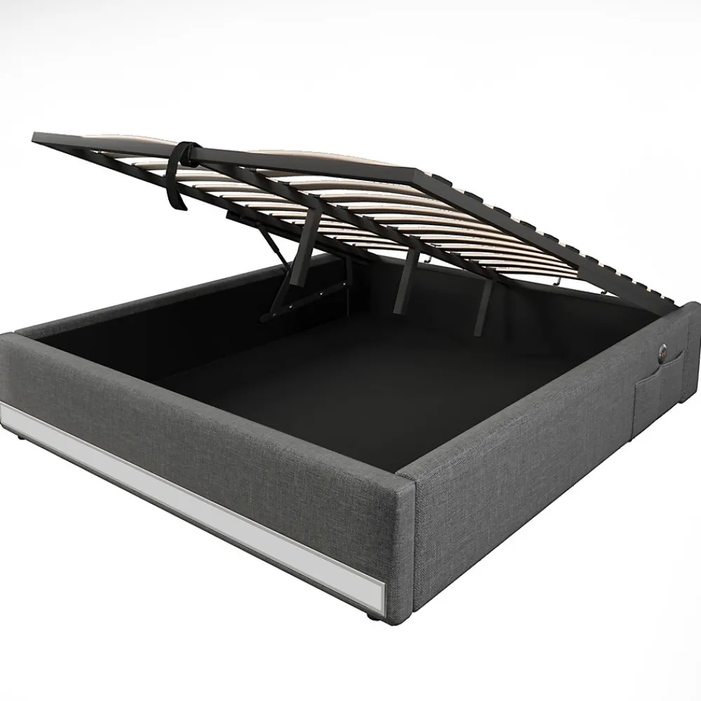 Lit Coffre 140x200 cm, Lit Double Ado avec LED et Ports USB Type-C, Structure MDF et Revêtement Lin, Sans Matelas - Beige>Okwish Outlet