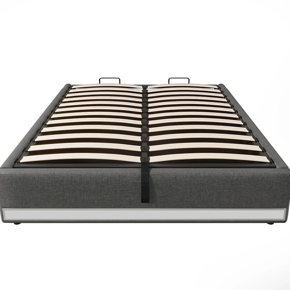 Lit Coffre 140x200 cm, Lit Double Ado avec LED et Ports USB Type-C, Structure MDF et Revêtement Lin, Sans Matelas - Beige>Okwish Outlet
