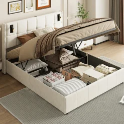 Lit coffre 160x200 cm, Lit double avec rangement et sommier à lattes, tissu en velours, lumière de lecture, Beige>ProximaX Online