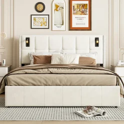 Lit coffre 160x200 cm, Lit double avec rangement et sommier à lattes, tissu en velours, lumière de lecture, Beige>ProximaX Online