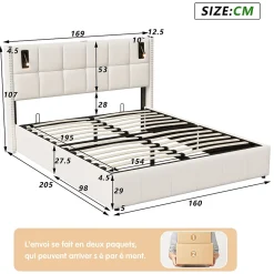 Lit coffre 160x200 cm, Lit double avec rangement et sommier à lattes, tissu en velours, lumière de lecture, Beige><noscript><img width=