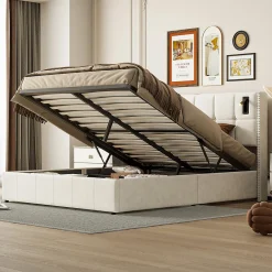 Lit coffre 160x200 cm, Lit double avec rangement et sommier à lattes, tissu en velours, lumière de lecture, Beige><noscript><img width=